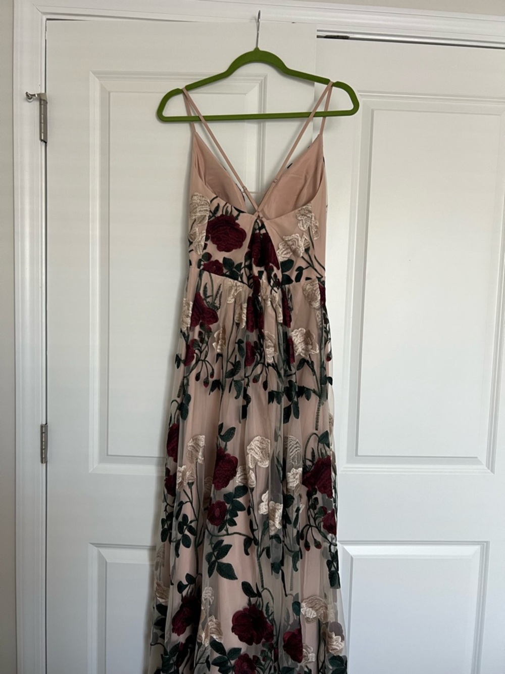 Blush Floral Embroidered Maxi Dress with Burgundy Roses - Picture 4 of 5